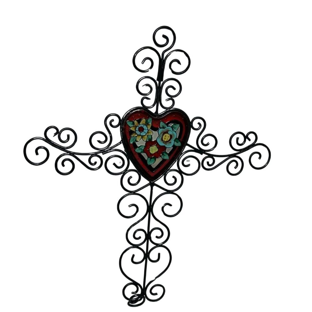 Handpainted Floral Heart Wall Cross by Joan Baker Designs – Black Scroll Metal C